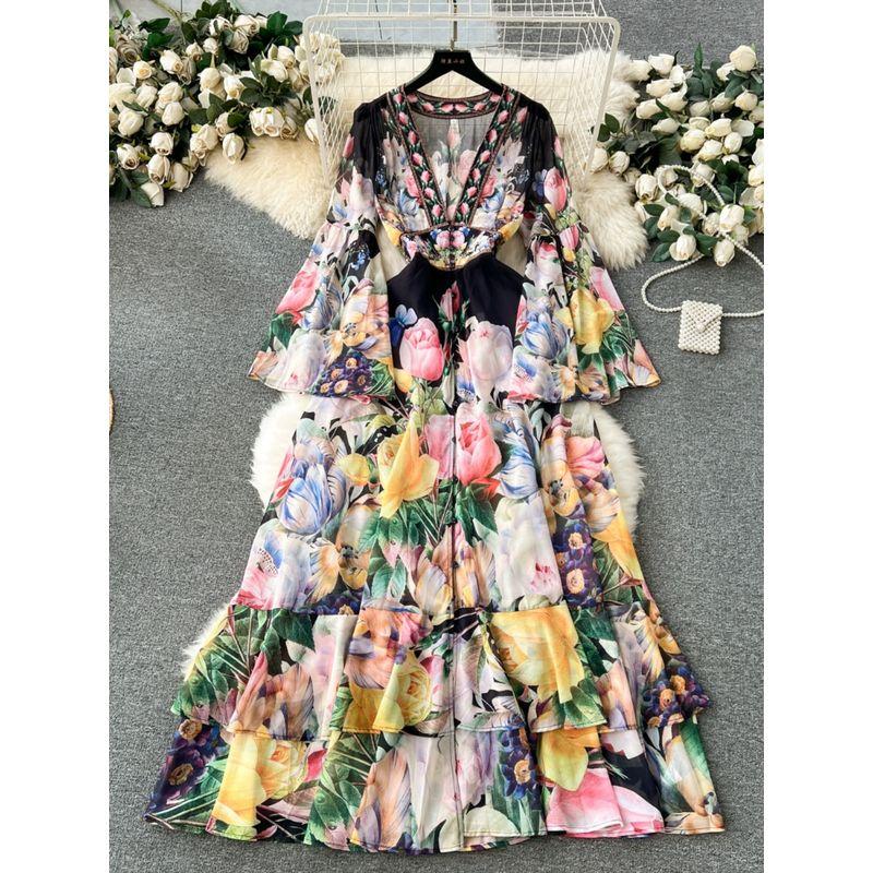 European Style Retro Elegant Silm Long Chiffon Dress