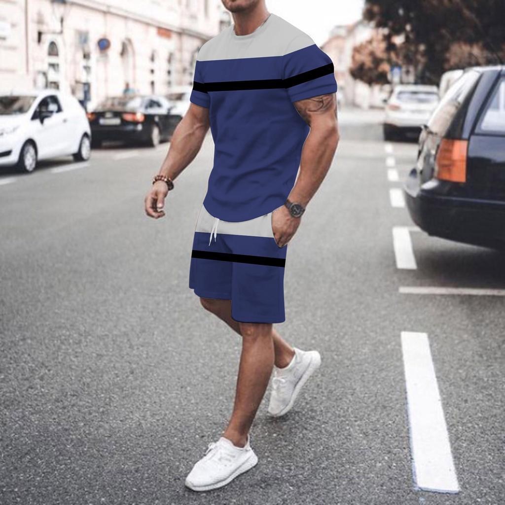 Herren Frühling und Sommer Lässig Sportlich Atmungsaktiv Schweißabsorbierend Patchwork Bedruckt Kurzarm und Shorts Zweiteiler