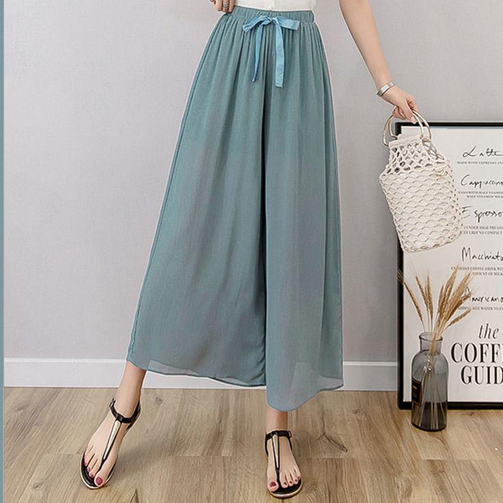 

Летние однотонные свободные широкие длинные брюки для женщин, эластичные длинные брюки с высокой талией и оборками, повседневные дышащие легкие мягкие удобные брюки плюс 8XL темно-голубой