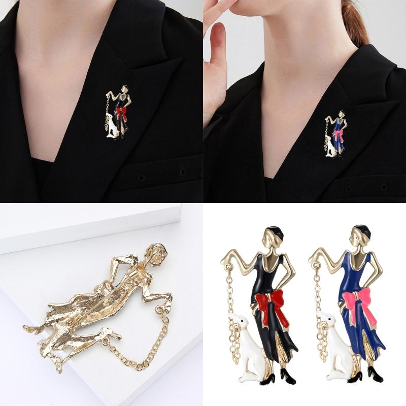 Fashionable Sophisticated Walking Girl Lapel Pin with Dripping Oil Designs Contrast Accessory for Party Supplies Costumes