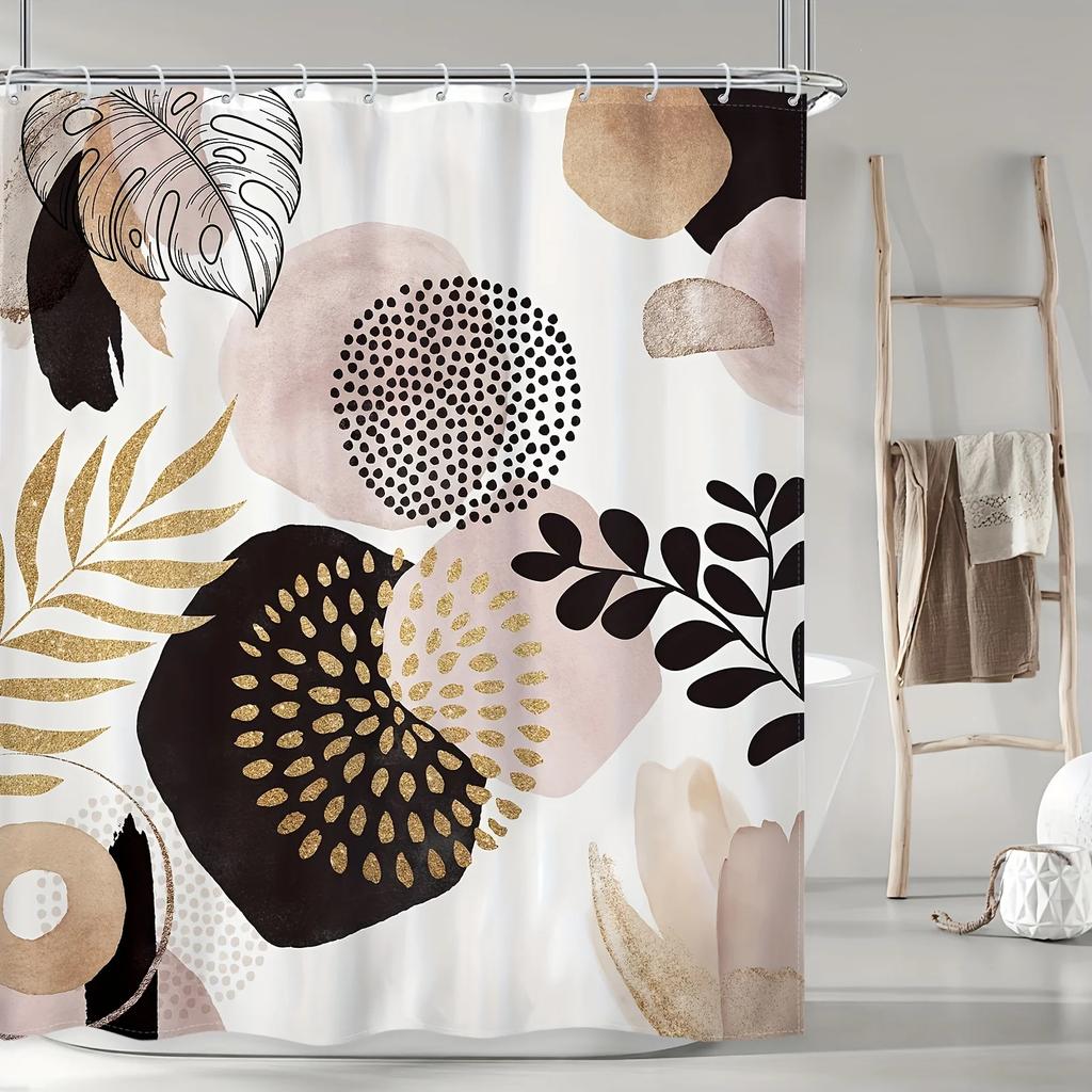 Boho Abstract Shower Curtain Set, Black Pink Gold Leaves, Modern Minimalist Bathroom Decor, Fabric, 12 Plastic Hooks