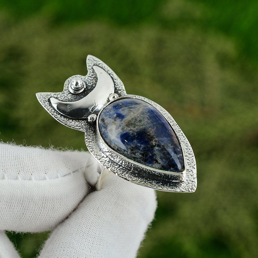 925 Sterling Silver Natural Sodalite Daughter Statement Crescent Moon Bezel Ring Adjustable