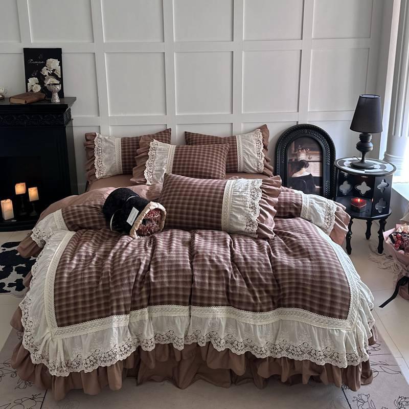 Vintage French Plaid Lace Ruffles 100% Cotton Bedding Set Duvet Cover Set Bed Sheet/Bed Skirt/Fitted Sheet Pillowcases 4Pcs