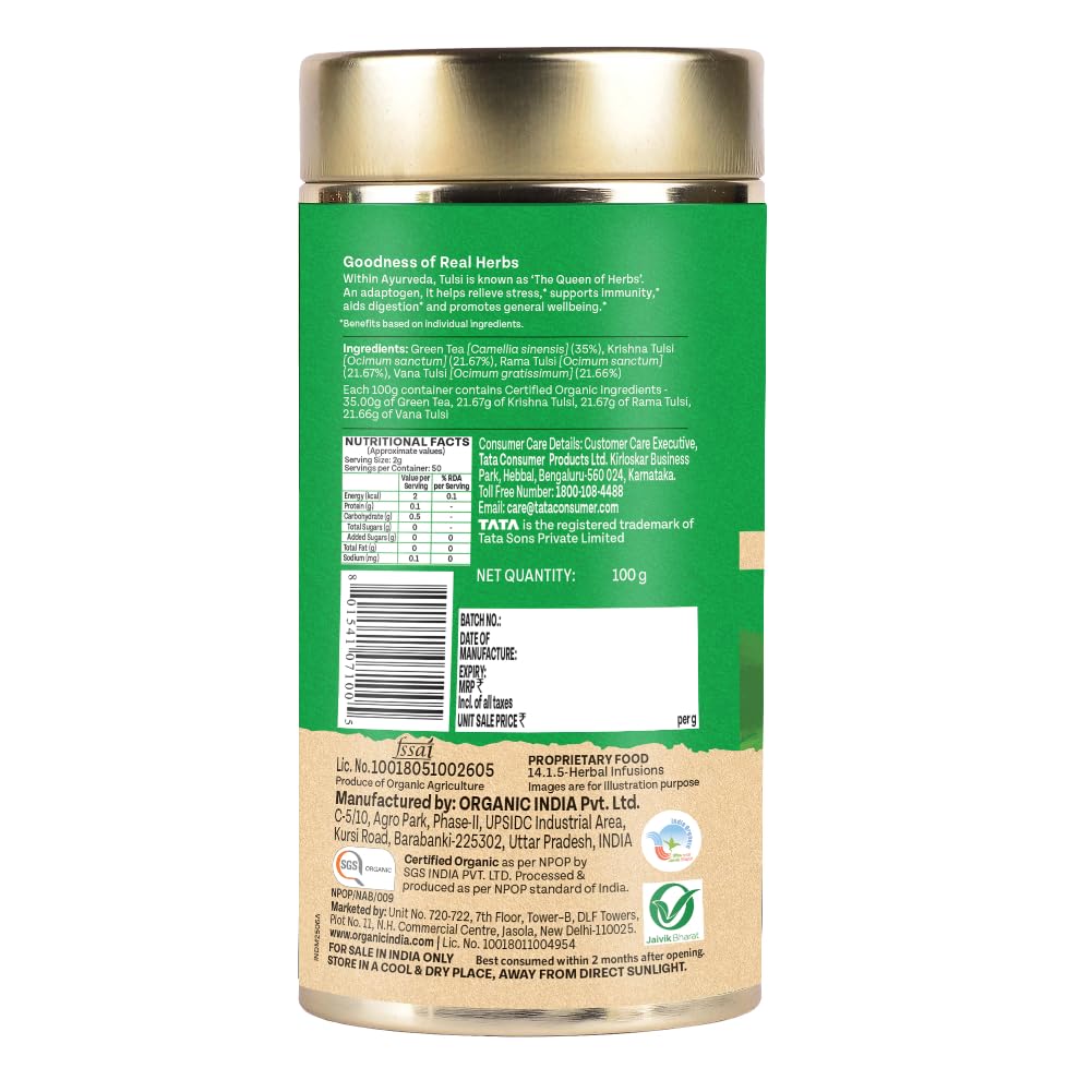 Organic India Tulsi Green Tea Classic Loose Leaves 100 g Refreshing Antioxidant Herbal Blend for Daily Wellness and Calm Moments