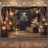 1 Pirate-themed Background Cloth - Skull and Bones, Treasure Chest, Bucket Lantern - Durable Polyester Material, Birthday Party