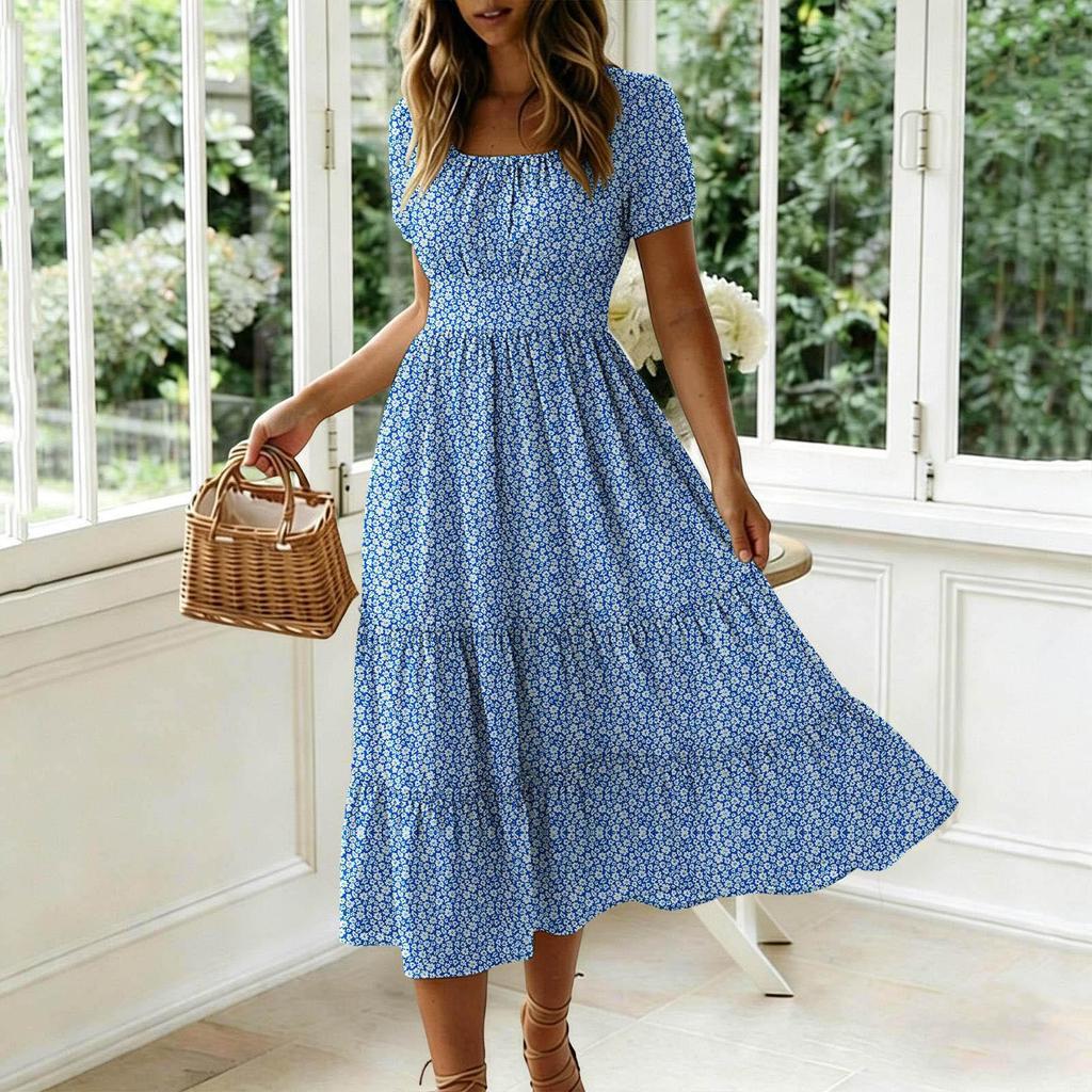 Spot New Trendy Floral Puff Sleeve Square Neck Long Dress