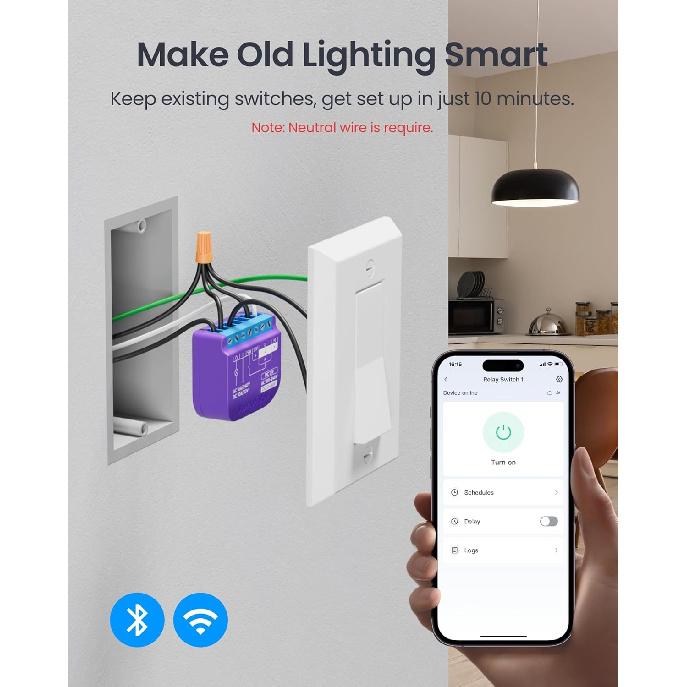 SwitchBot Smart Relay Switch 1,Smart Relay Module with Built-in Hub, Wi-Fi&Bluetooth Switch Compatible with Alexa/Apple Homekit/Google Home/Matter