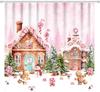 Christmas Pink Gingerbread House Shower Curtain Pink Candy House Home Bathroom Decorations Snowy Winter Christmas Trees