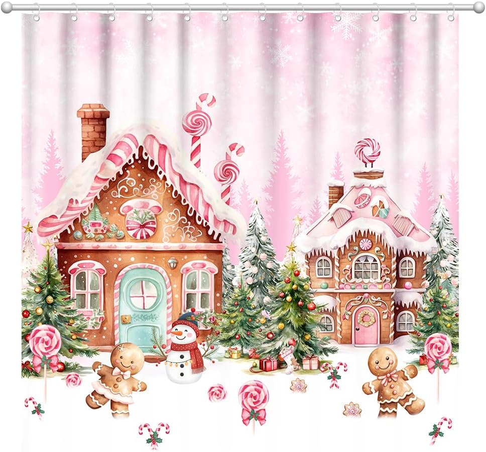 Christmas Pink Gingerbread House Shower Curtain Pink Candy House Home Bathroom Decorations Snowy Winter Christmas Trees