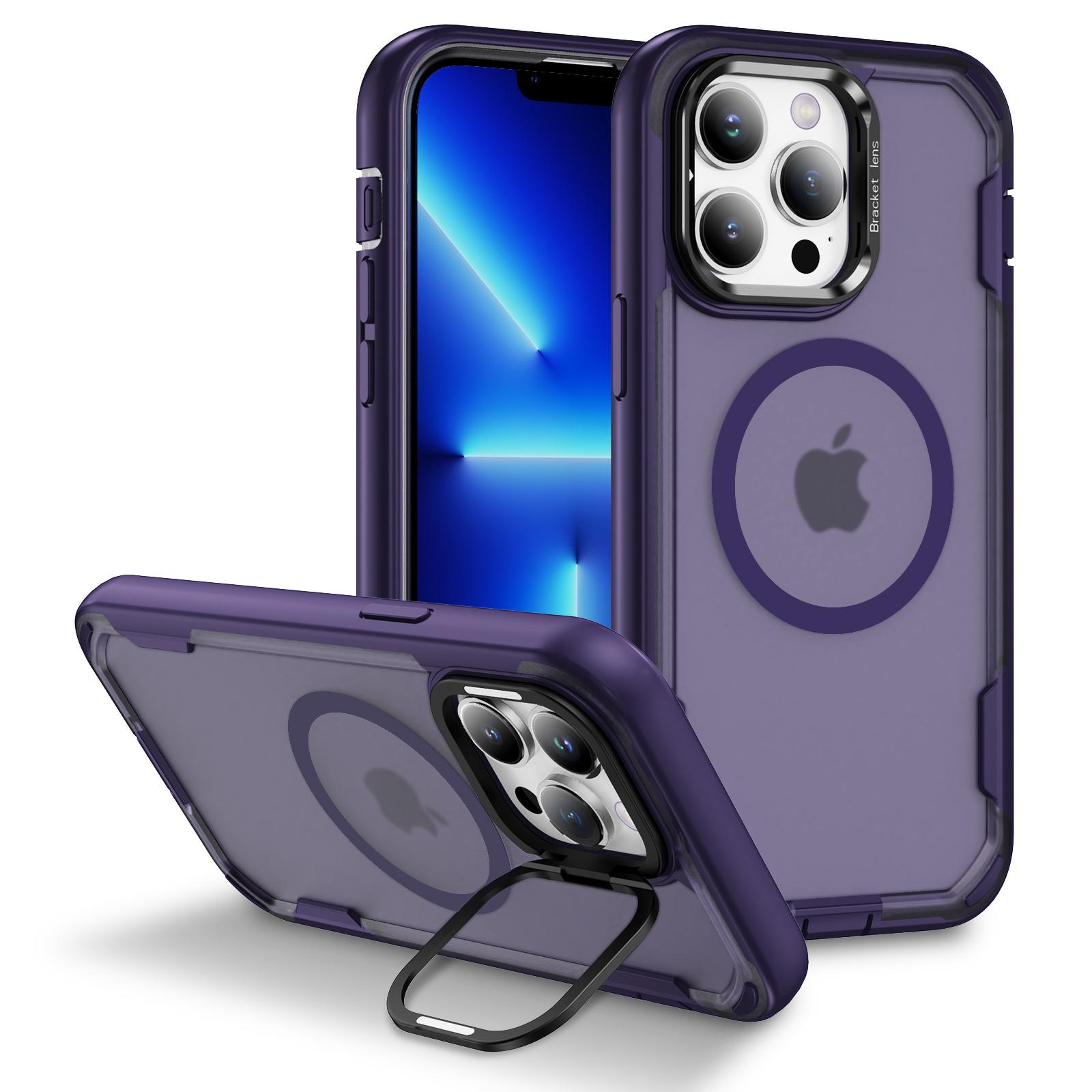 

For iPhone 13 Pro Case Compatible with MagSafe Lens Frame Kickstand TPU+PC Shockproof Phone Cover Purple Bright Purple