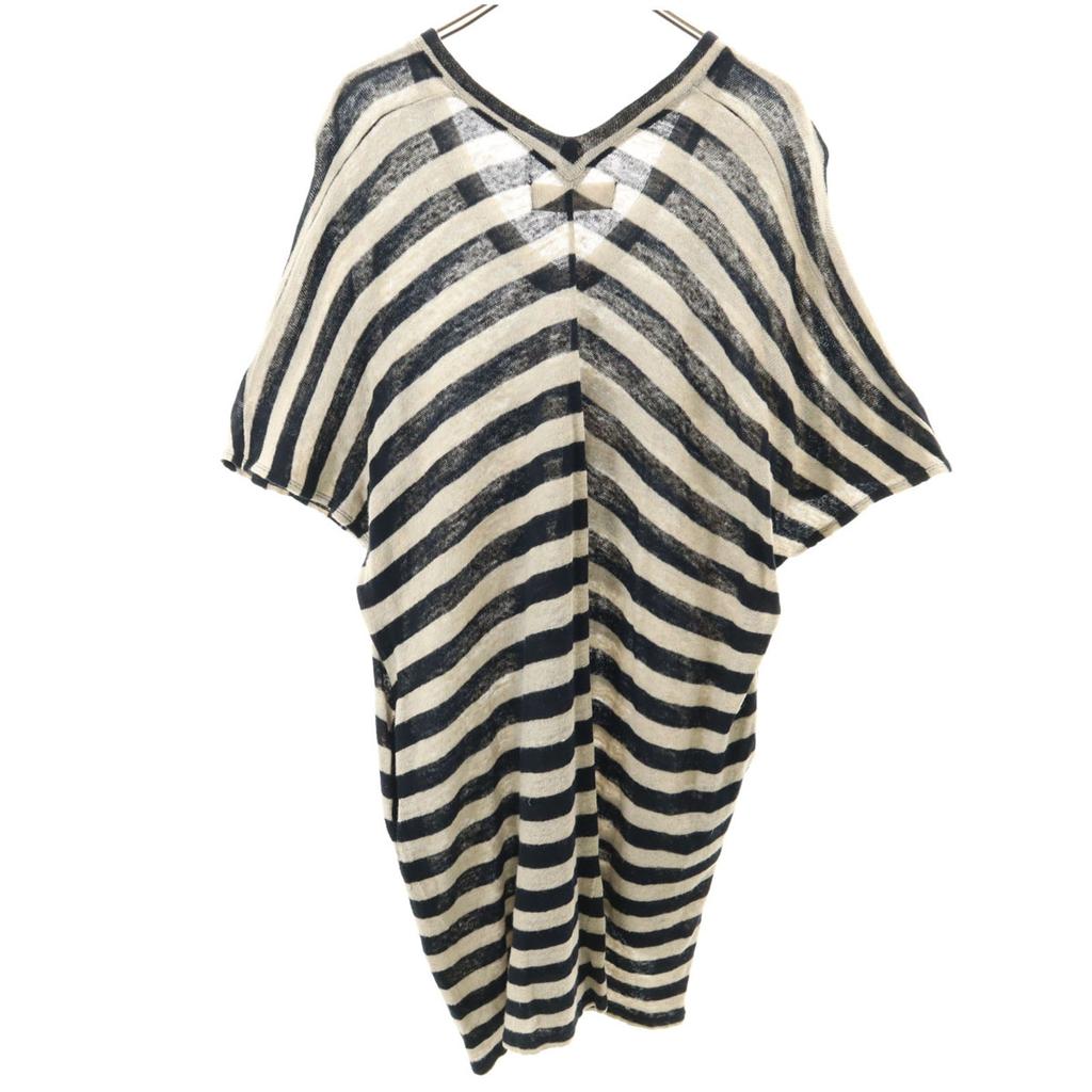 MidiUmi Made In Japan Linen Blend Border Pattern Five-quarter Sleeve V Neck Knit Women Used