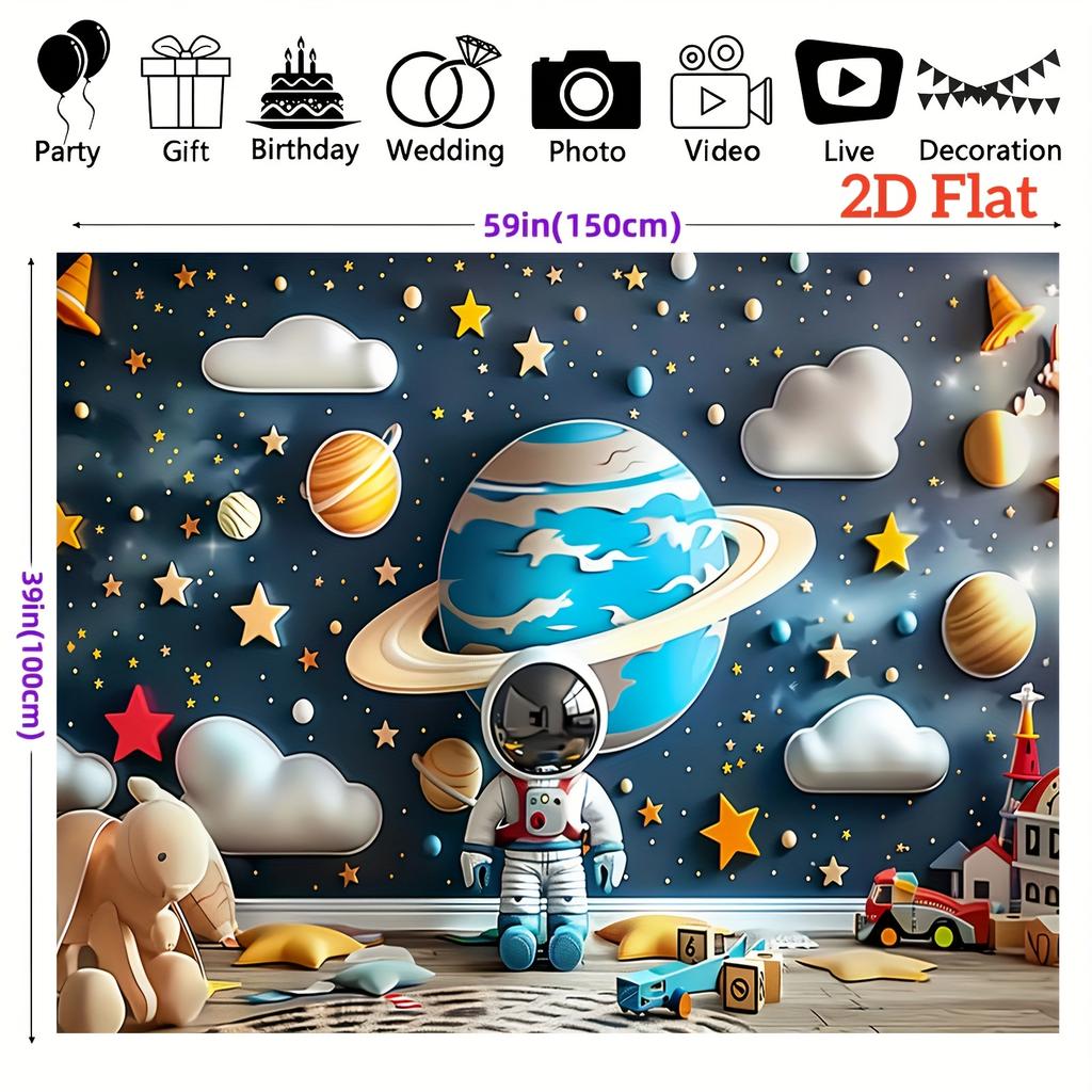 2D Flat Banner 1 Piece - Space Theme Polyester - Featuring Astronauts Planets and Stars