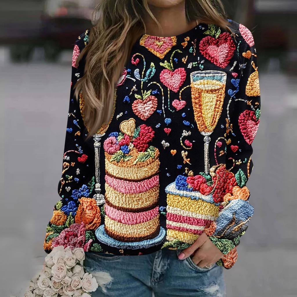 Women's Fashion Casual Long Sleeve  Printed Neck Sweatshirt Top