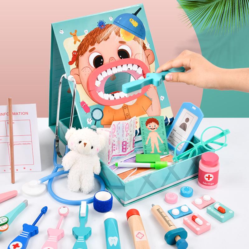 Wooden Doctor and Dentist Role Play Set for Kids: Stethoscope, Syringe, and More