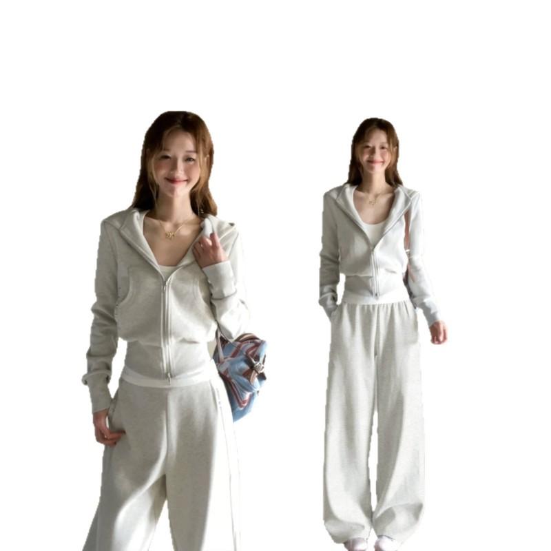 Womens 2-Piece Casual Set Fall 2026 Korean Style Hooded Cropped Sweatshirt Wide Leg Pants Gray Mix