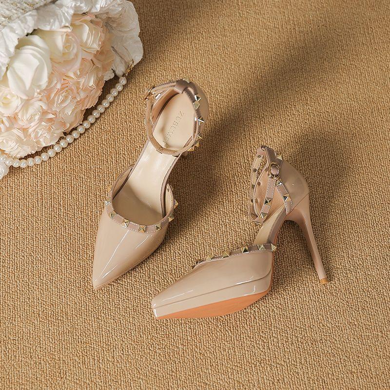 Design sense advanced waterproof table one-word buckle with patent leather sandals 2025 new thin heel pointed willow spikes high heels women