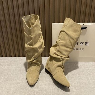 2025 Autumn New Suede Pointed Versatile Women's Stacking Boots Heightening Pleated Fashion Boots High Boots Knight Boots Women
