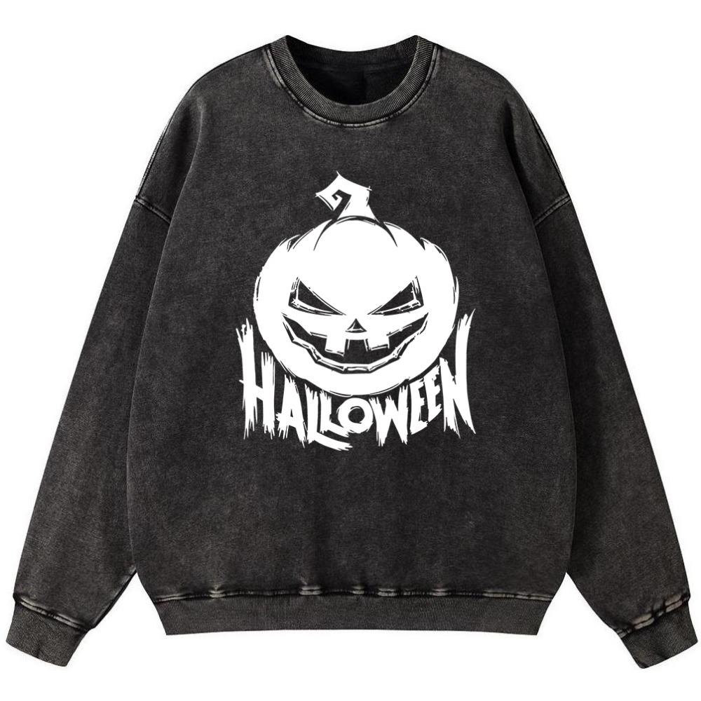 Halloween Pumpkin Girl Vintage Washed Cotton Sweatshirt Simple Loose Pullover Thin Style Crewneck
