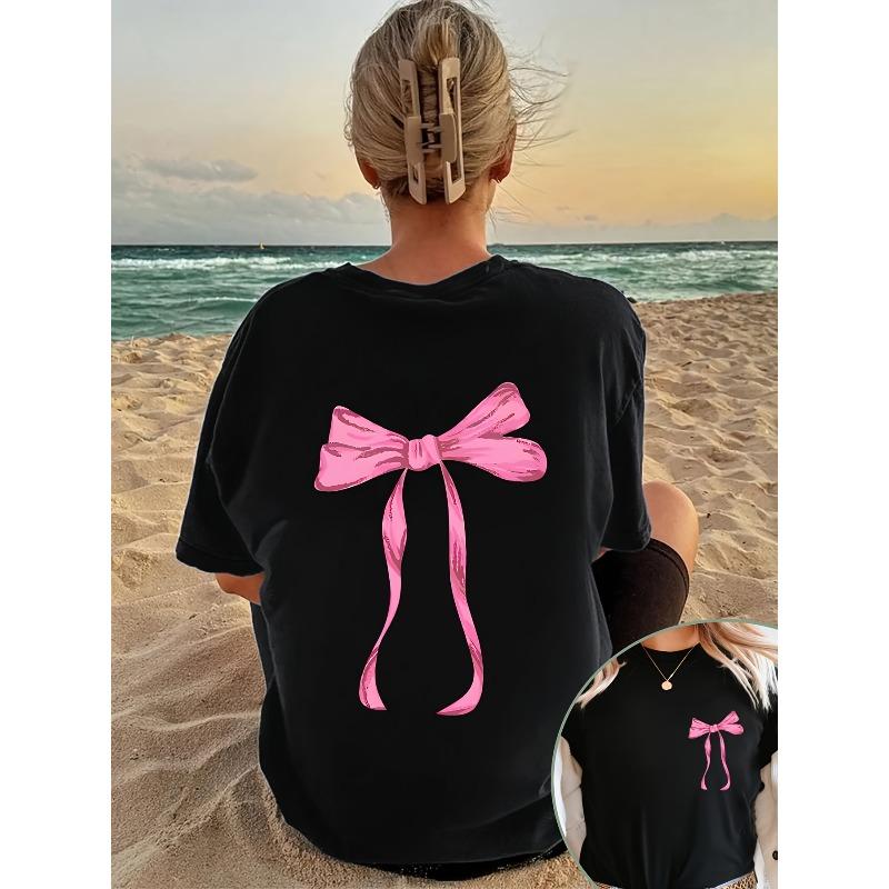 European Size A Short-Sleeved T-Shirt with a Front And Back Print Featuring a Pink Bow Pattern, Designed for Summer/Spring. This Women'S Top Is Loose