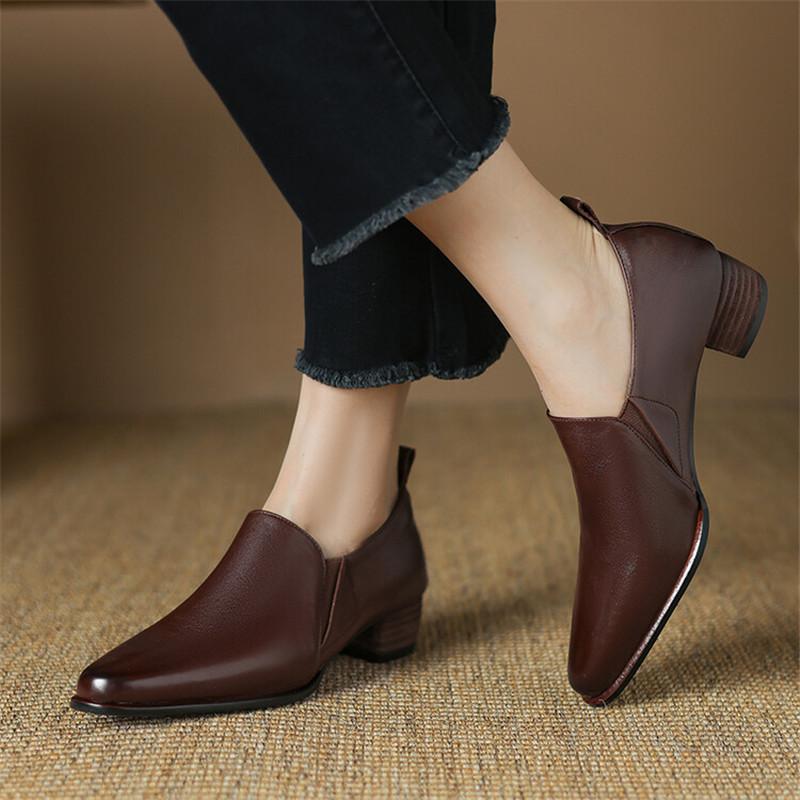 Fashion NEW Spring Autumn Genuine Leather Women Shoes Fashion Loafers Pointed Toe Chunky Shoes for Women Zapatos Mujer Women Pumps
