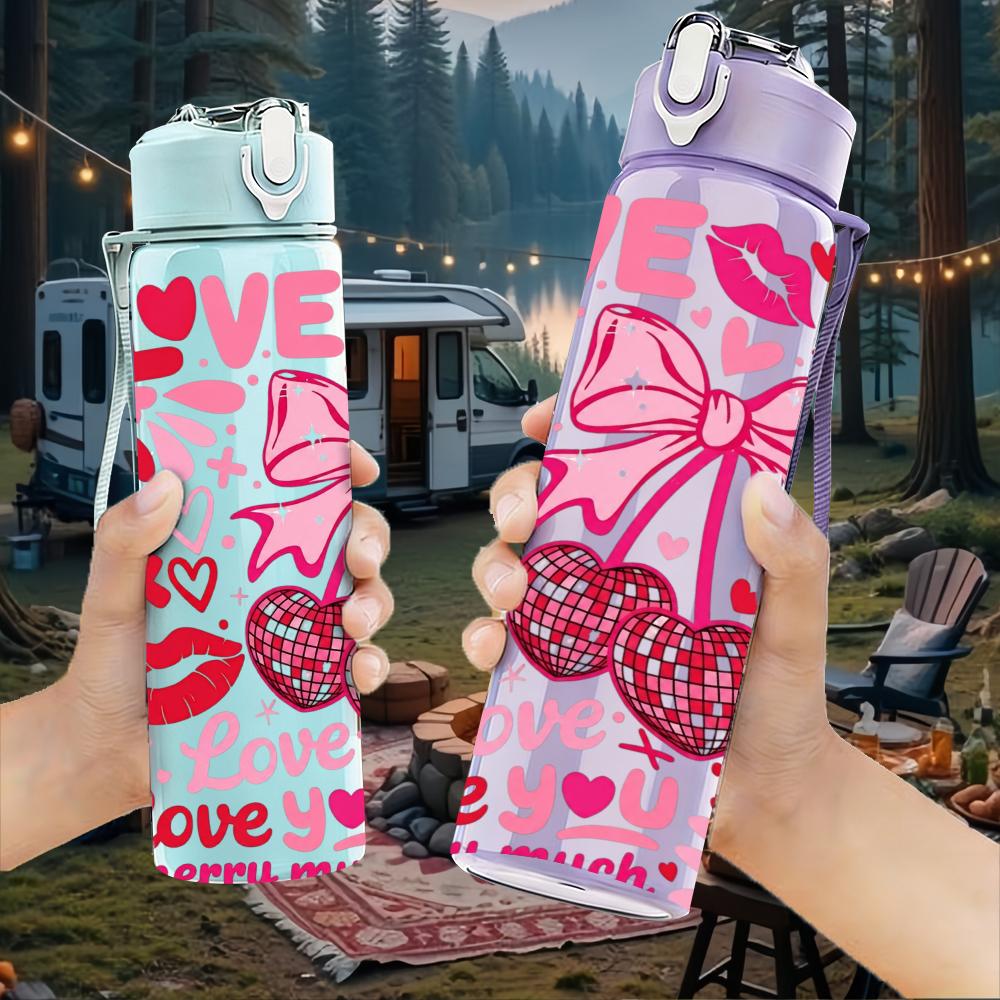 1PC Lip Kiss Bow Love Heart 750ml Color Plastic Sports Water Bottle Leakproof Flip Straw Lid Suitable for Sports Office Home Use