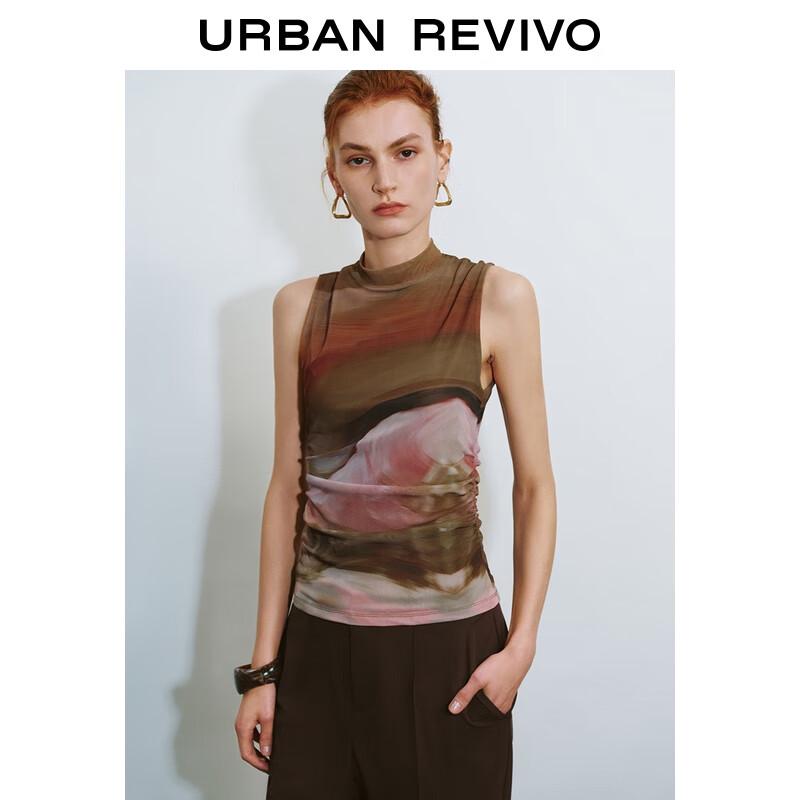 UR 2025 Fall Women's Retro Abstract Print Mesh Pleated Vest