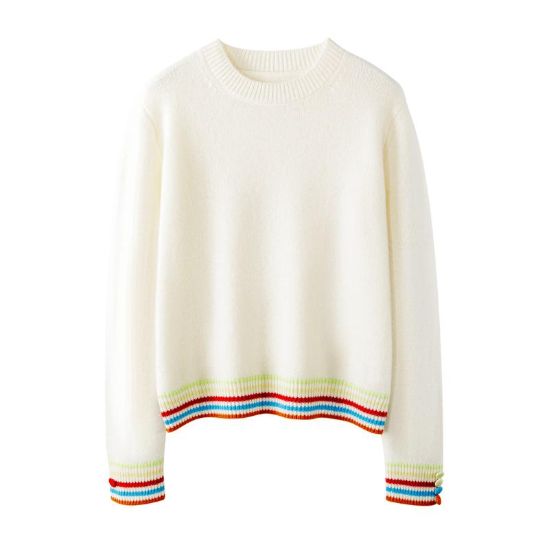 

Женский пуловер из чистого кашемира с отделкой в стиле колор-блок - Утепленный с круглым вырезом для осени и зимы, Свободный крой Extra Large