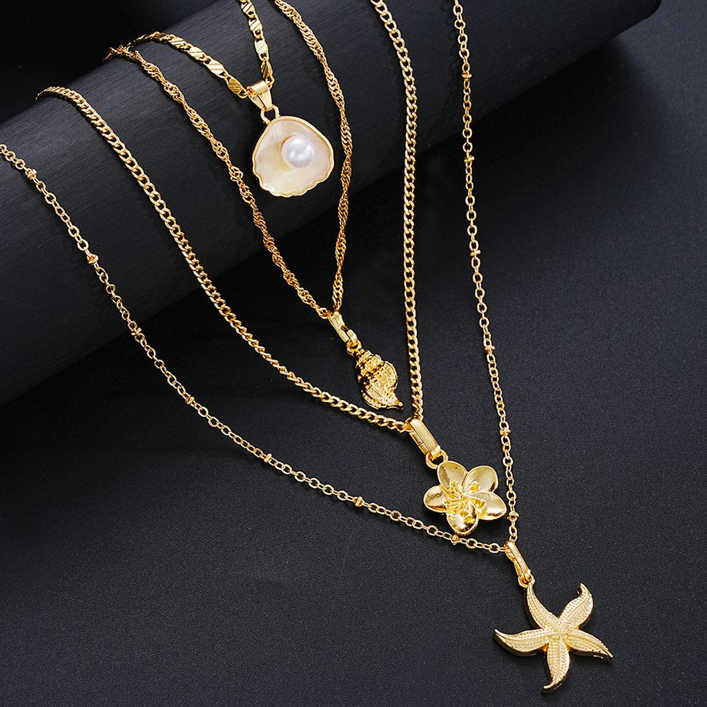 4Pcs/Set Shiny Shell Starfish Conch Flower Necklaces for Women Simple Imitation Pearl Gold Color Pendant Necklace Female Jewelry