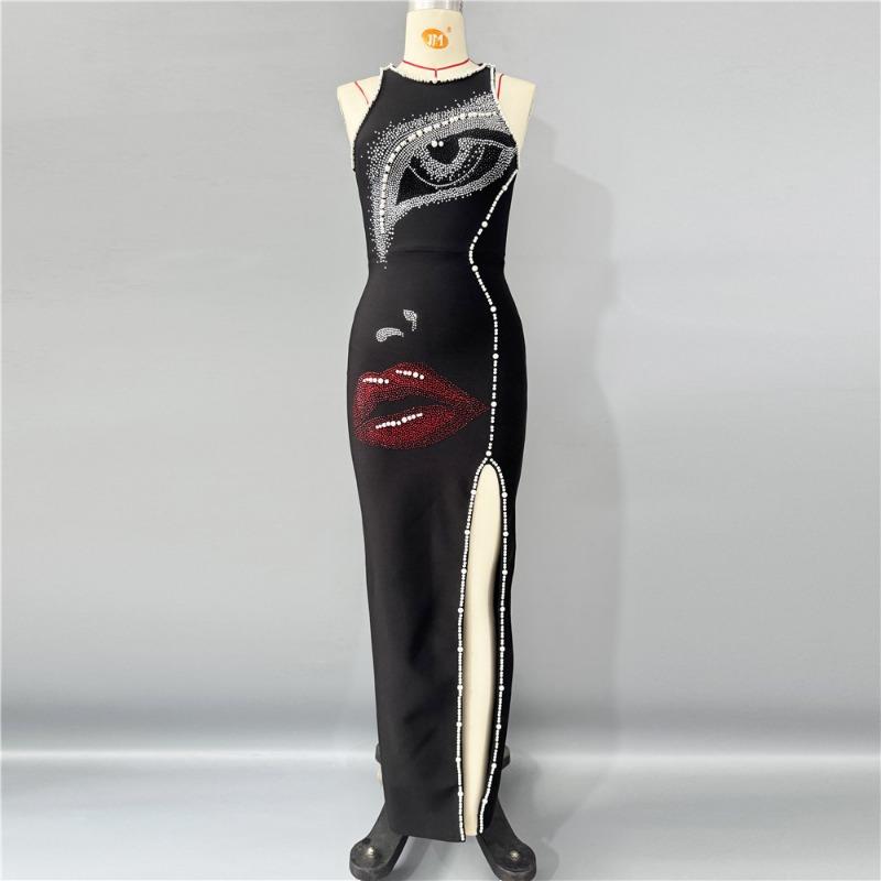 Fashion new sexy hot drill split bandage dress sexy evening dress European and American summer fashion women's clothing