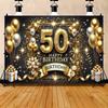 50th Birthday Party Banner  Gold and Black Celebration Background with Balloons  Gifts and Glitter
