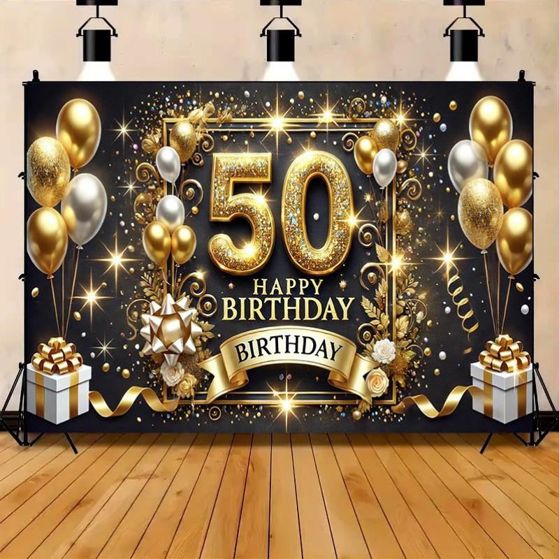 50th Birthday Party Banner Gold and Black Celebration Background with Balloons Gifts and Glitter