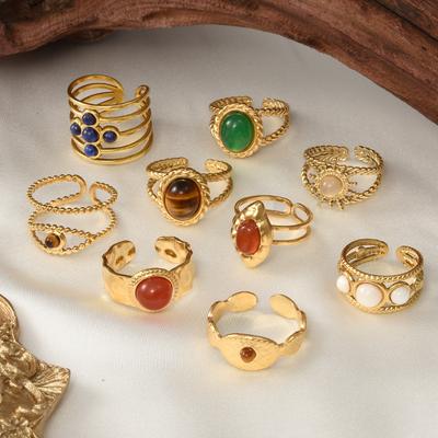 Waterproof Real Stone Jade Agate Ring Open Adjustable Stainless Steel Rings For Women Men Accessories Vintage Eye Cross Jewelry