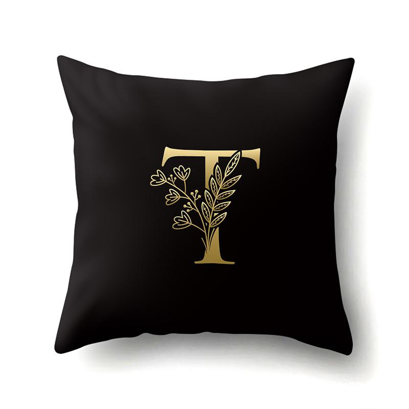Polyester Pillowcase Car Decoration Black Gold Flower Pillowcase 26 English Letters Home Cushion Cover