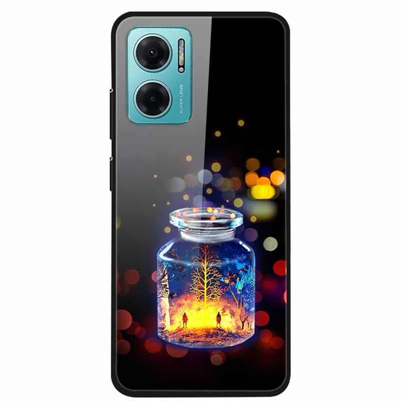 Case For Xiaomi Redmi Note 11E Luxury Tempered Glass Hard Back Cover For Redmi Note 11E Capa Shockproof Flower Funda Wolf Coque