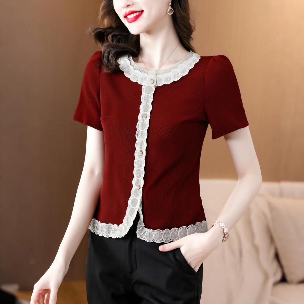 2025 Sommer Patchwork Spitzenbesatz Damen Schlankmachende Bauchbedeckende Bluse - Kurzarm Süßes Oberteil