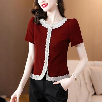2025 Summer Patchwork Lace Trim Women's Slimming Belly Cover Blouse - Short Sleeve Sweet Top
