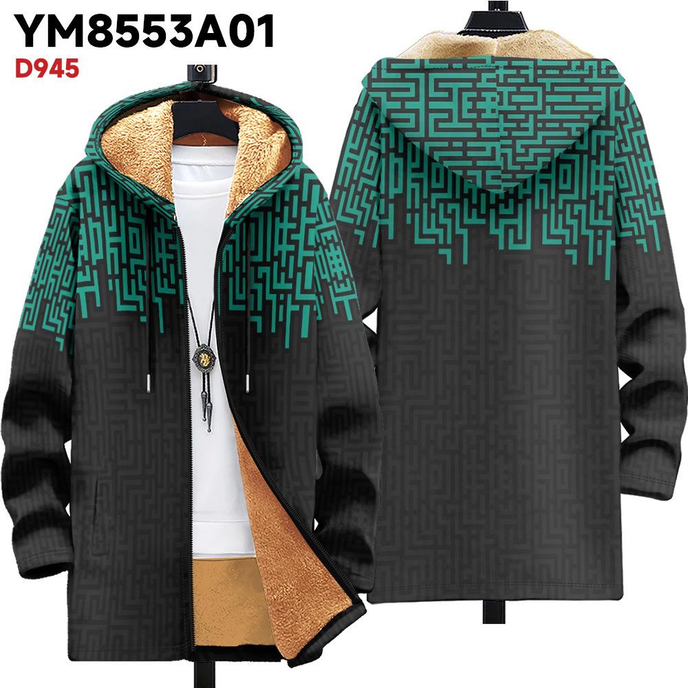 New jacket: multi-colored pattern elements, zipper hooded cardigan, thickened winter fleece padded clothes, yellow lining, trendy cotton clothes