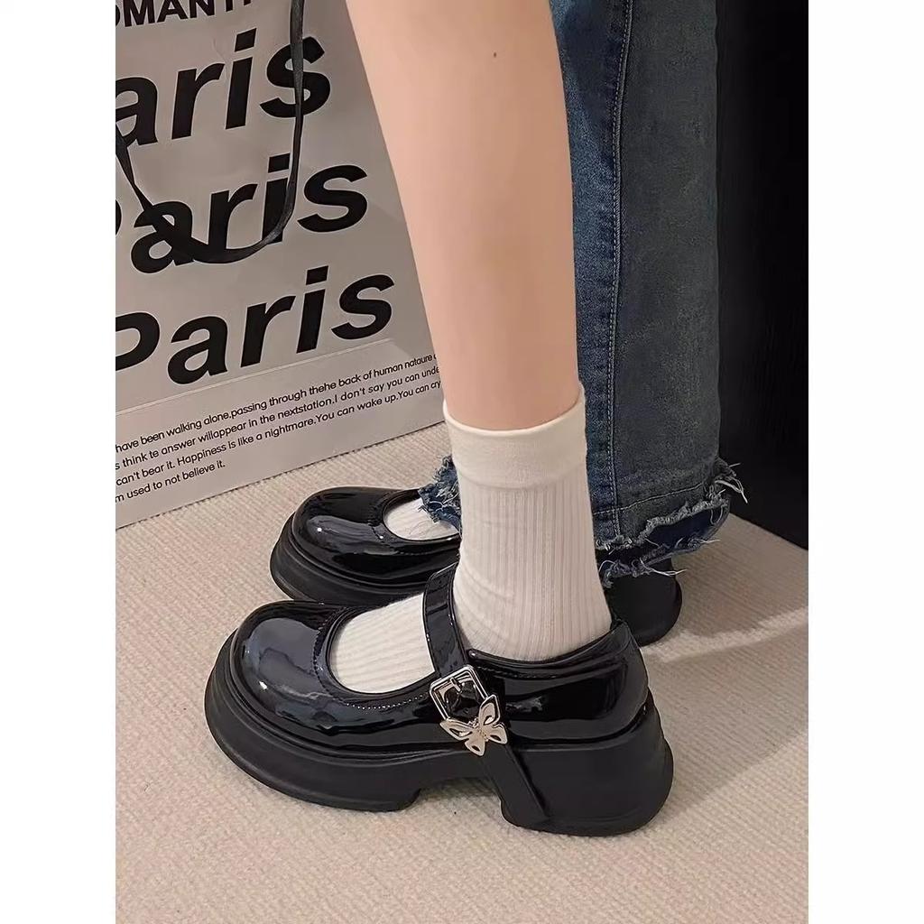 Black versatile college style platform small leather shoes women's new summer Mary Jane shoes love
