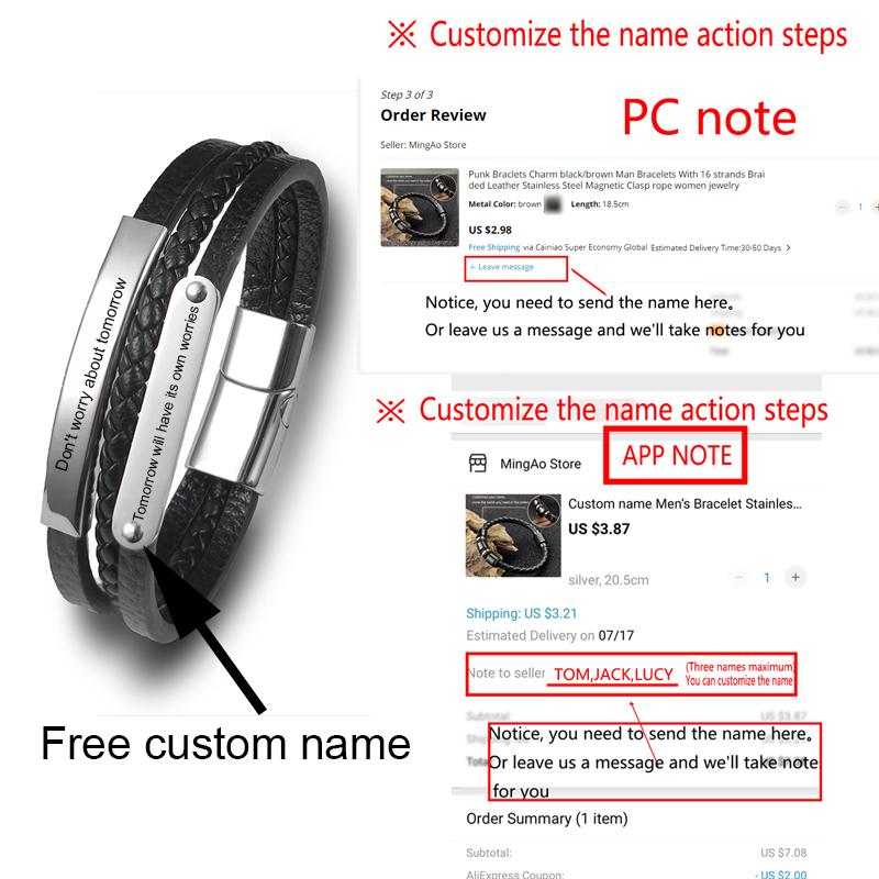 Custom Family Name Bracelet Stainless Steel Charms Bangle Braided Personalized Genuine Leather Men Bracelets Father's Day gifts
