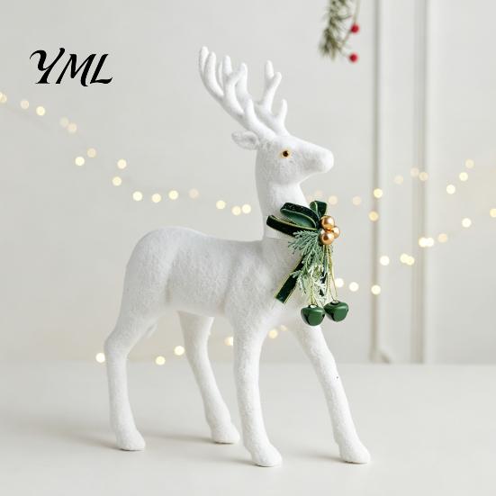 Exquisite Three Dimensional Ornaments White Flocked Elk Ornament, Ribbon Bell Decor 3D Standing Deer Christmas Season Home Figurine, Decorative