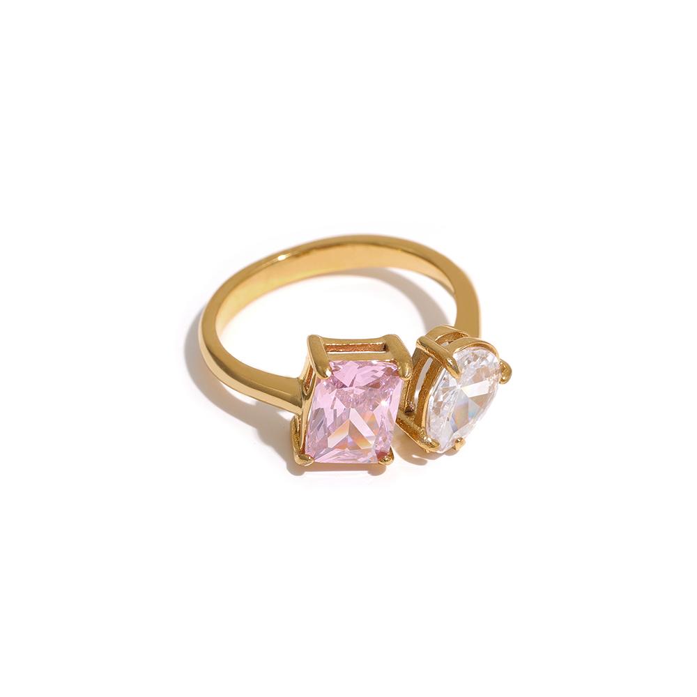 Yhpup Waterproof Fashion Stainless Steel Pink Green Cubic Zirconia Adjustable Open Ring Gold Color Unique Bling Charm Jewelry Opening
