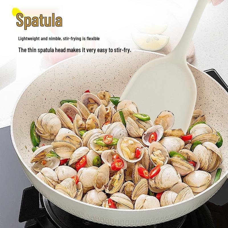 Pink-Handled Silicone Kitchen Tool Set: Spatula, Stir-Fry Spatula, Soup Ladle, Rice Spoon, Skimmer - High Temperature Resistant.