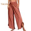 Damskie spodnie codzienne plisowane elastyczne z wysokim stanem z szerokimi nogawkami długie spodnie z kieszeniami mankiety z falbankami luźny krój spodnie rekreacyjne
