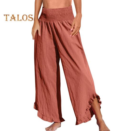 

Женские повседневные брюки, плиссированные, эластичные, с высокой талией, широкие длинные брюки с карманами, манжетами-оборками, свободные брюки для отдыха XL темно-оранжевого