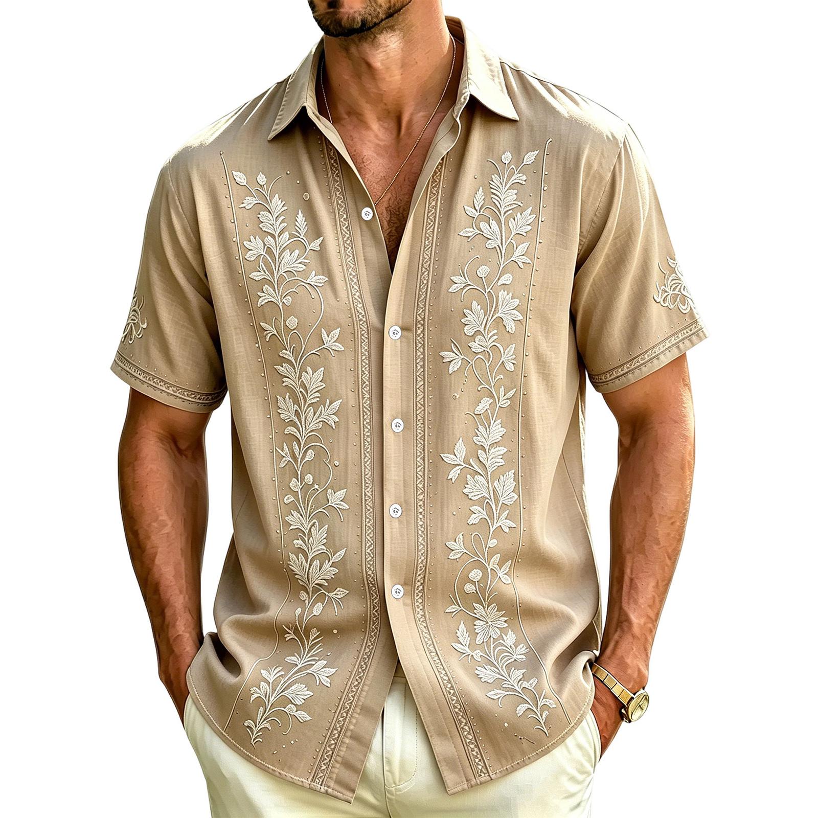 

Men’s Short Sleeve Button Down Shirt with Floral Embroidery Casual Relaxed Fit Lightweight Material for Summer L хаки