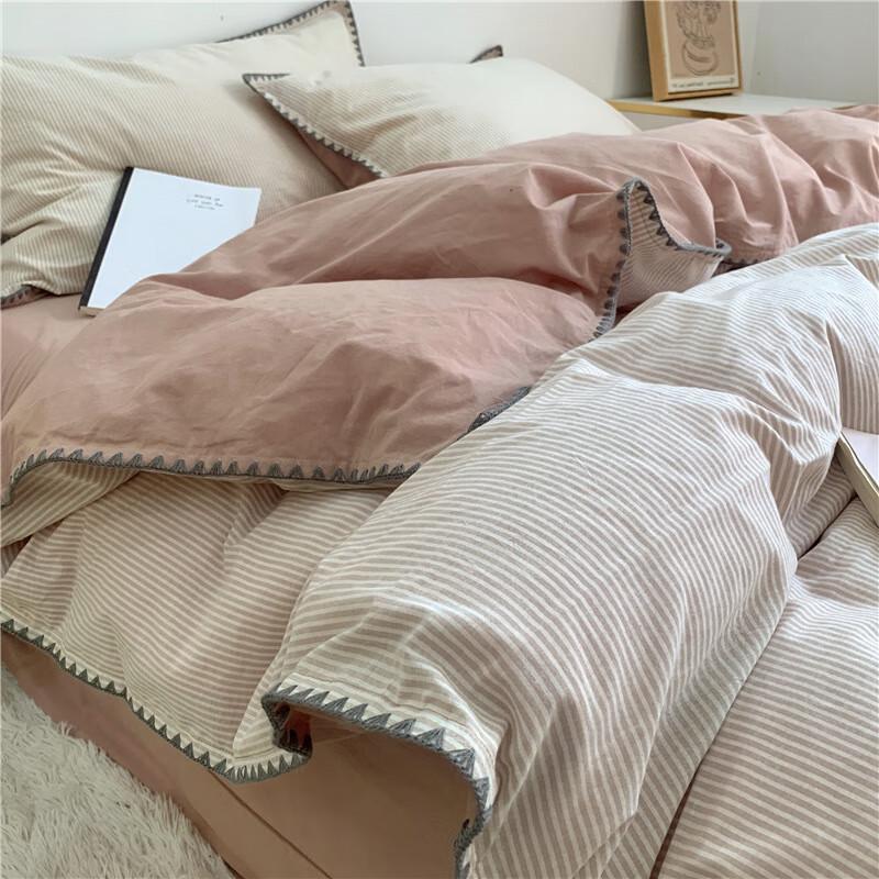 LiLang Washed Cotton Striped 4-Piece Bedding Set