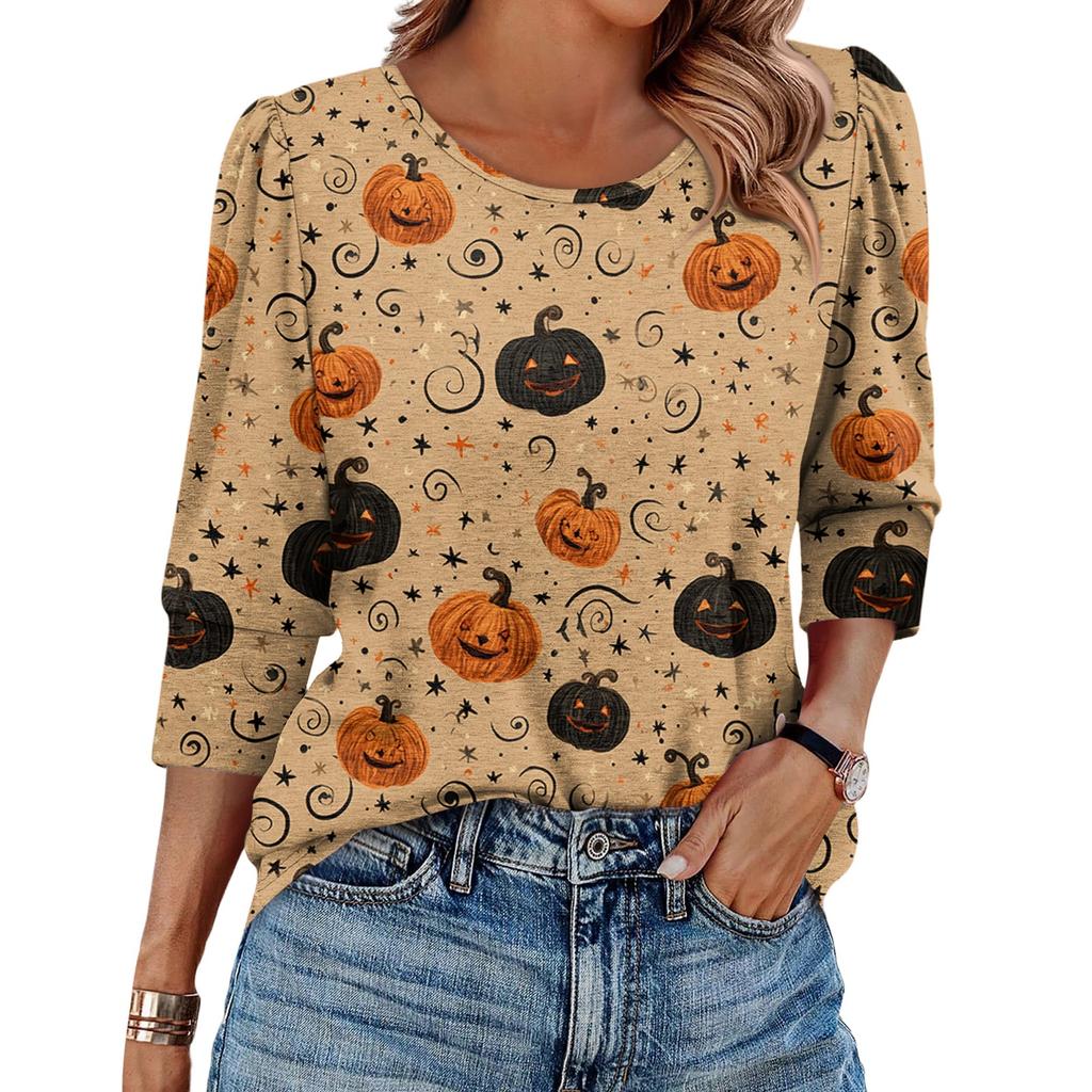 Women's Fashionable Casual Round Neck Seven Quarter Sleeve Halloween Printed Bubble Sleeve Top