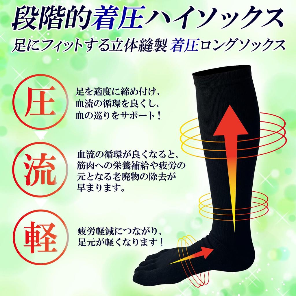 Authentic Compression Knee Made in Reduces Graduated Sizes Black Five-Toe Socks, Japan, Smooths, Swelling, Antibacterial, Deodorizing, Sweat-Wicking,