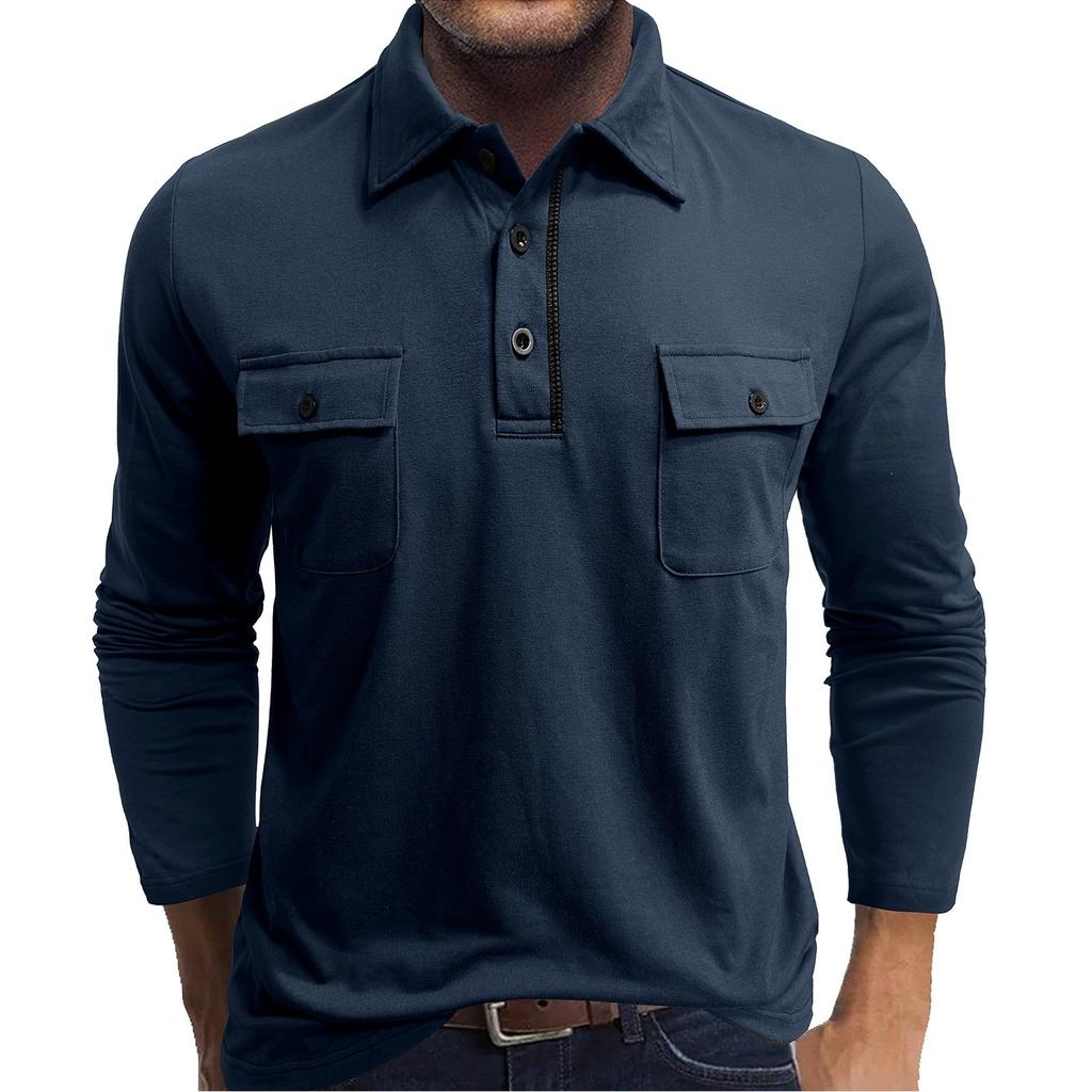Men's Cotton Solid Color Shirt - Long-Sleeve, Spread Collar, Pocket - Outdoor Casual  Top