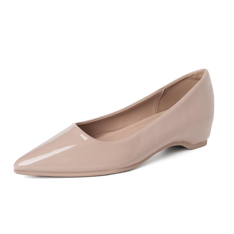 Nude Inner Height Increase Low Heel Single Shoes Women's Spring New Pointed Head Shallow Mouth Patent Leather Flat Bottom Professional Work Shoe List